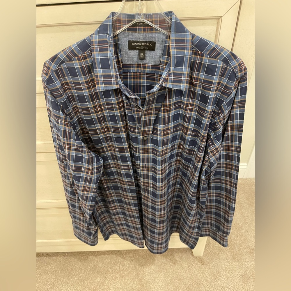 Men’s Banana Republic Oxford Button Up Shirt Plaid Blue Size XL Slim Fit